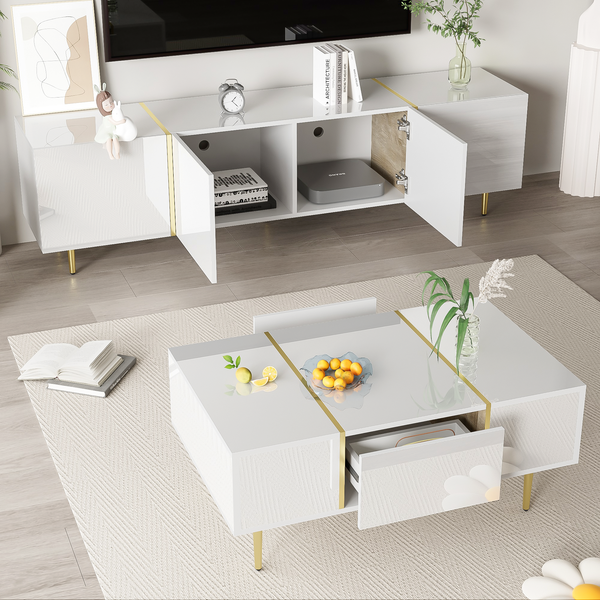 Wohnzimmermöbel Set TV-Schrank und Couchtisch Weiß Hochglanz mit Gold Details Stauraum modern Soft-Close Design