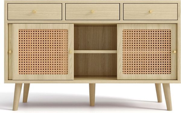 i@home Sideboard mit 3 Schubladen und 3 Schiebetüren, Rattangeflecht auf den Türfronten, Eiche,120x 40x78cm