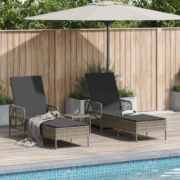 Sonnenliege mit Kissen 3 pcs, Gartenliege Grau und Dunkelgrau Poly-Rattan