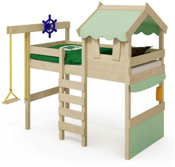 Wickey Kinderbett Hochbett aus Holz Crazy Gloomy – Robustes Abenteuerbett für Kinder (Etagenbett mit Kletterleiter für Kinder), Massivholz