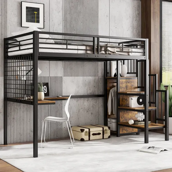 Hochbett mit Treppe, Kleiderschrank, Schreibtisch und Lattenrost, 90x200 cm, Metallbett, Jugendbett