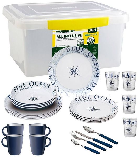 BRUNNER Geschirr-Set BRUNNER Melamin Campinggeschirr Set BLUE OCEAN (8, 12, 16, 36-Teile) (36-tlg)