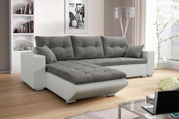 Ecksofa Sofa NINO mit Schlaffunktion Weiss-Grau Ottomane Links