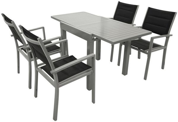 DEGAMO Garten-Essgruppe TIRANA 5-teilig, 4x Gartensessel, 1x Ausziehtisch 70/140x70 cm, Alu silbergrau