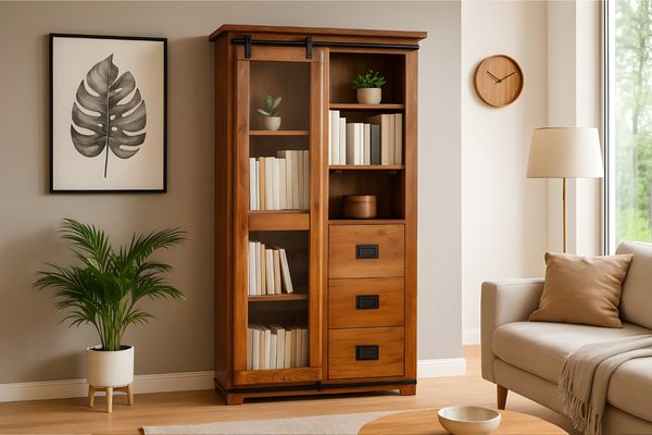 Highboard Vitrine Akazie massiv 100 x 45 x 175 cm nussbaumfarben mit Glasrolltür LIBRO 134885567