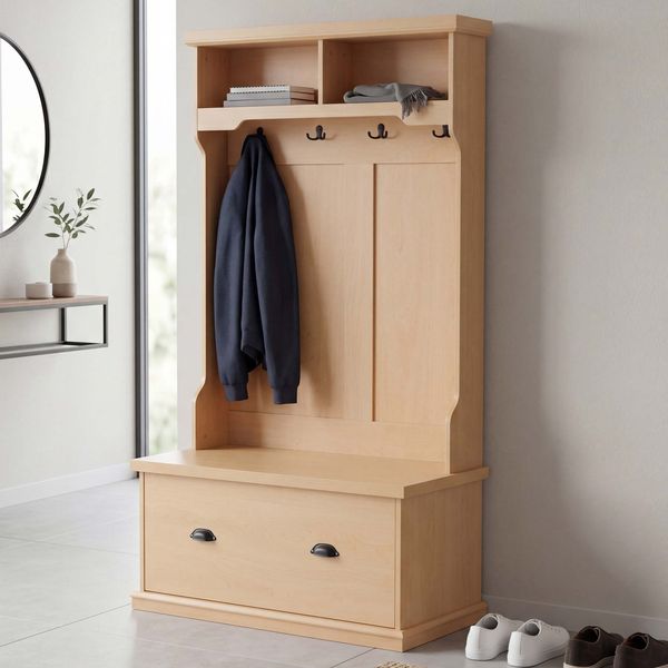 Garderobe HWC-P27, Flurgarderobe Holzgarderobe Sitzbank, 4 Haken Staufach Ablage Melamin 163x100x47cm ~ natur