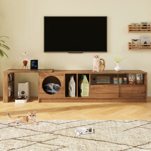 Fernsehschrank, Moderner drehbarer TV-Schrank mehrzweckig ausziehbar haustierfreundlich mit stahlverstärkten Glastüren und Katzenruheraum ohne Katzenkissen, Holz+Glas, Nussbaumfarben, 180(+80)×40×50 cm