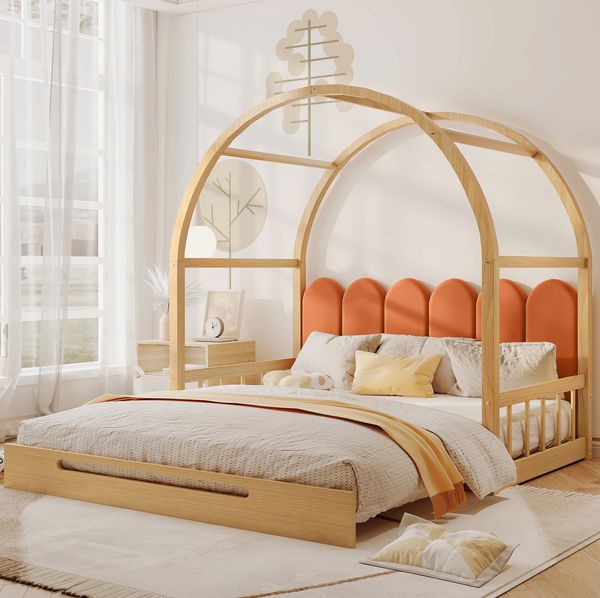 Ausziehbett 140/100×140/200 cm mit gebogenem Dach aus Kiefernholz – Natur/Orange