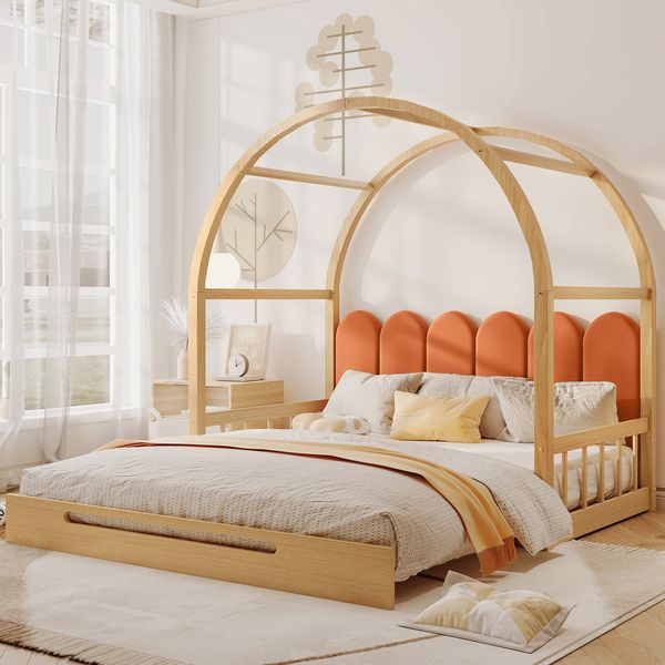 Ausziehbett 140/100×140/200 cm mit gebogenem Dach aus Kiefernholz – Natur/Orange