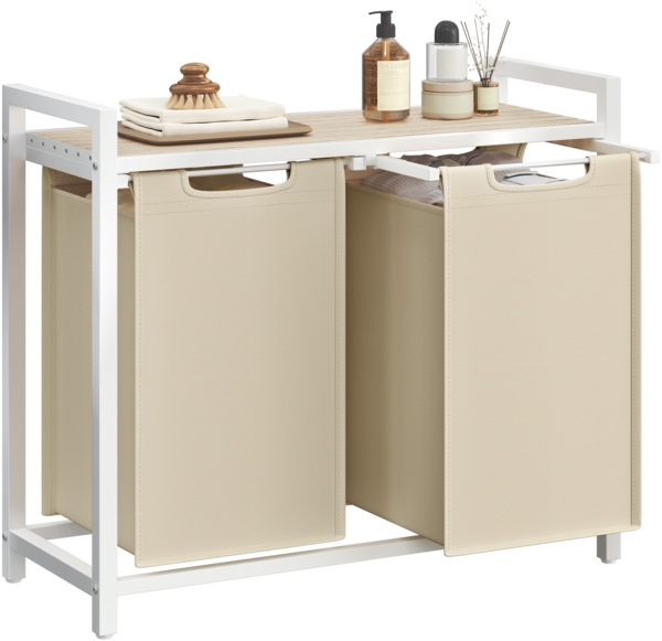 VASAGLE Wäschekorb 2 Fächer, Wäschesammler mit Ablage, Wäschebox, Wäschesack abnehmbar, Metallrahmen, 2 x 46 L, beige