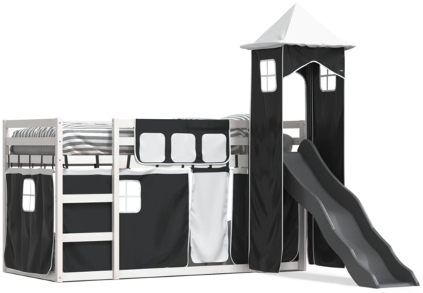 vidaXL Etagenbett mit Rutsche und Gardinen Weiß und Schwarz 80x200 cm 3284200