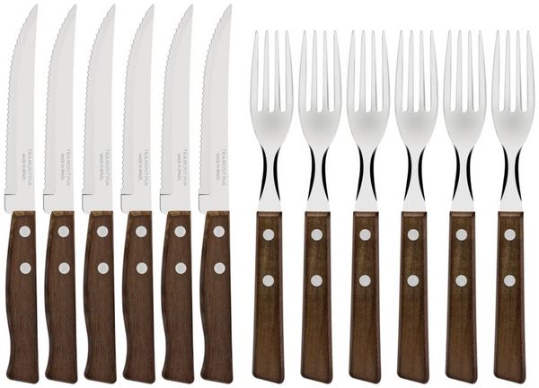 Tramontina Steakbesteck TRADICIONAL Steak-/Pizzabesteck - Holzgriff (12-tlg), 6 Personen, Edelstahl, 12-teiliges Set, rostfreier Edelstahl, Holzgriff