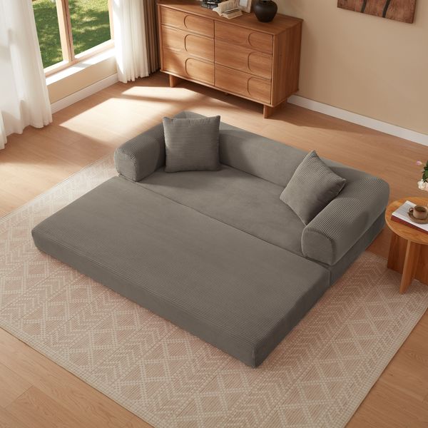 LVHOM Schlafsofa 2 Sitzer mit 2 Kissen, Bodensofa mit schlaffunktion, Klappsofa aus Cord, kein Aufbau erforderlich, Taupe