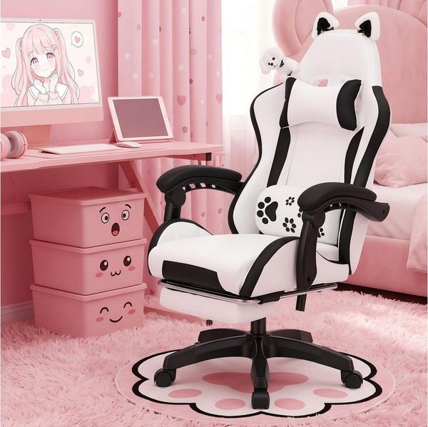 oyajia Gaming-Stuhl Bürostuhl Ergonomisch mit Kopfstütze und Katzenohren, PU-Leder (Gamer Stuhl, Racing Computerstuhl PC Stuhl mit Fußstütze Kopfstütze, 1 St), 115-125cm verstellbare Sitzhöhe, mit Lendenwirbelstütze