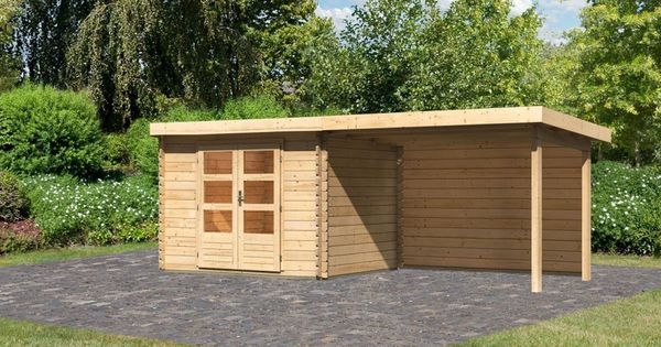 Gartenhaus Bastrup 3 - 579x237 cm mit Anbaudach 3,00 m mit Rückwand, 28 mm Holz naturbelassen
