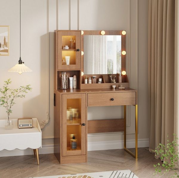 GarveeMore Schminktisch mit kratzfestem Spiegel, 3-farbiges LED Licht & stufenlose Dimmung (Weiß/Braun), 1 Schublade & 2 Schränke mit Glastüren & 3 offene Fächer