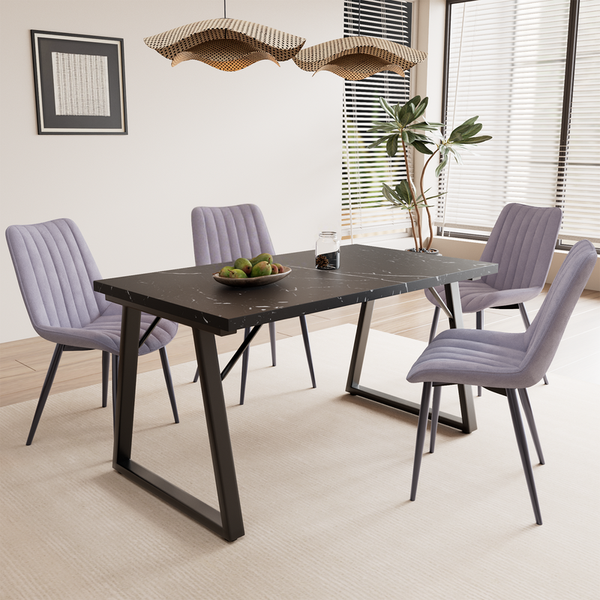 HOMAVO 5-Teiliges Esszimmerstühle, Metall & MDF Esstisch 140x75x80cm (Schwarz), 4er-Set Stuhl (Samt Hellgrau)