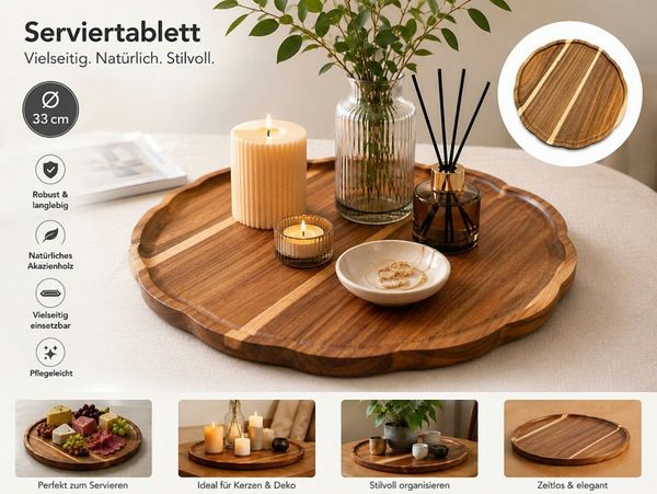 Koopman Tablett Serviertablett Dekotablett Obstteller Akazie 33cm, Akazie, (Stück, 1-tlg, Packung), 1,5cm hoch, Braun, Naturprodukt, Wohnaccessoire, Einzelstück