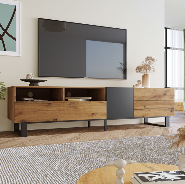 Moderner TV-Schrank mit Holzmaserung 180 x 50 x 38 cm – Schwarz und Anthrazit, großer Stauraum, 180x38x50cm, Eiche+Anthrazit