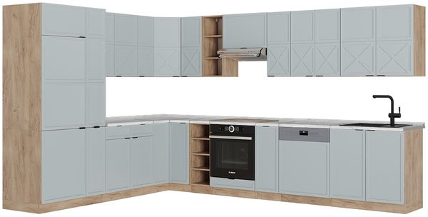 Eckküche Fame-Line Hellblau-grau/Goldkraft Eiche 347 x 46 cm ohne Arbeitsplatte Vicco