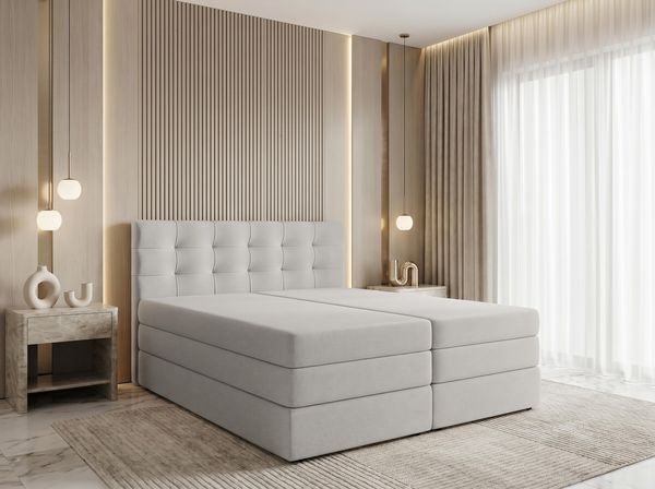 AX LIVING Finike Boxspringbett 140x200 cm mit Topper, 2 Matratzen, Stoff Beige