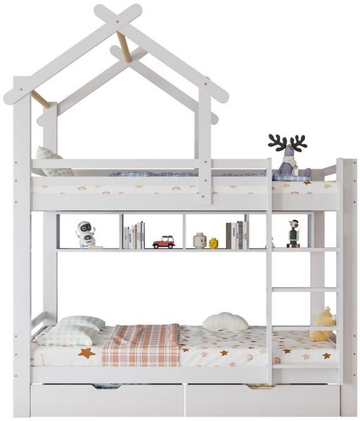 Ulife Etagenbett Hausbett Kinderbett mit Schubladen und Regalen