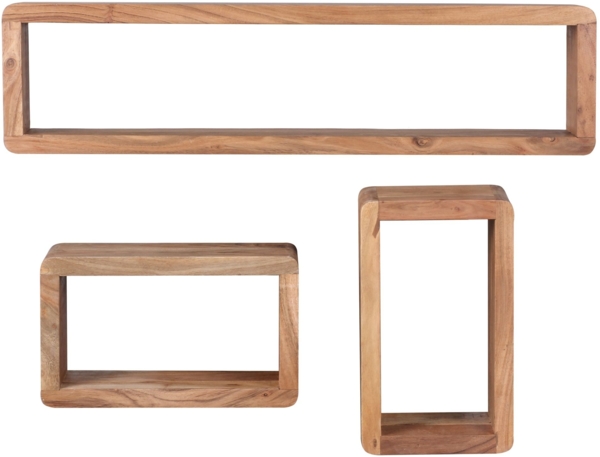 Design Wandregal 3er Set BOHA Massiv Holzregale Akazie Landhausstil, Rustikales Wandregal-Set Holz, Hängeregal Viereckig Echtholz, Wand-Regale, Hängend Würfel, Regal Wandkästen Eckig