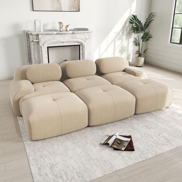 Ecksofa Beige aus Cordstoff, modular und rahmenlos, ergonomisch mit breiter Sitzfläche,298 x 178 x 75 cm