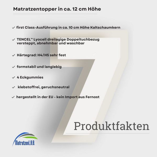 MatratzenL.A.B®, Topper TENCEL™ Lyocell Premium Bezug, H4/H5 sehr fest, 10 cm hoch, Kaltschaum, Matratzentopper ideal für Ihre Boxspringbett. klebstofffrei