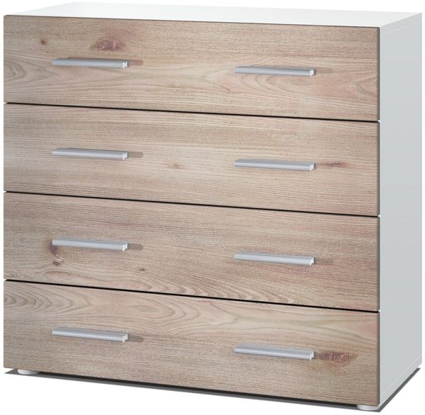 Vladon Sideboard Pavos, Kommode mit 4 Schubladen, Weiß matt/Eiche Nordic (76 x 72 x 35 cm)