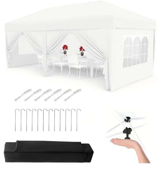 Faltpavillon 3x6 m wasserdicht stabil mit 6 Seitenwänden – Pop up Pavillon faltbar aus 420D Oxford, UV-Schutz 50+, 3-Fach höhenverstellbar, Partyzelt mit Tragetasche für Garten & Outdoor Weiß