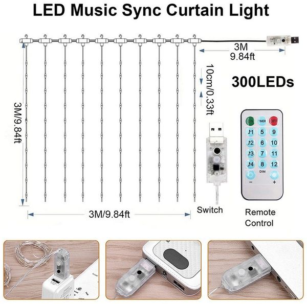 Sunicol LED-Lichterkette LED USB Vorhang Lichterkette Mit Hängendem, Haken Raum Fenster Dekor, Dimmbar Warmweiß/Bunt, Lichtervorhang mit 8 Lichtmodelle