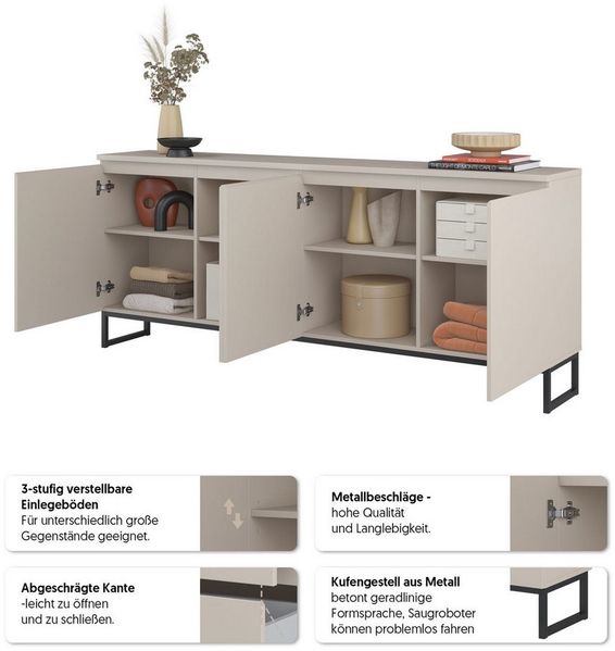 OTTO home Sideboard Modo II, Breite 200 cm, moderne grifflose Kommode 4Türen, Anrichte mit viel Stauraum, Einlegeböden verstellbar, Metallkufen Bild 3