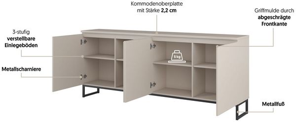 OTTO home Sideboard Modo II, Breite 200 cm, moderne grifflose Kommode 4Türen, Anrichte mit viel Stauraum, Einlegeböden verstellbar, Metallkufen Bild 4