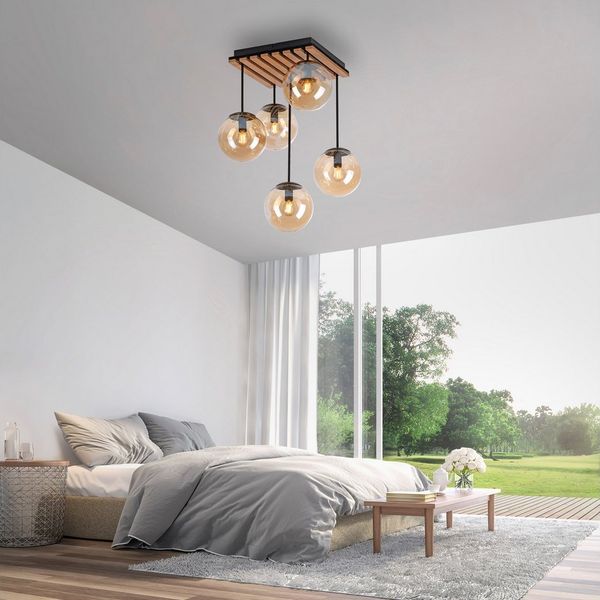 OTTO home Deckenleuchte Evinnia Akustikpaneele mit Glaskugeln, ohne Leuchtmittel, Leuchtmittel wechselbar, Warmweiß, Holz, Akustik, Paneele, Glas, Deckenlampe E14