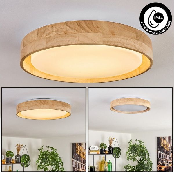 hofstein Deckenleuchte Deckenlampe aus Holz/Metall/Kunststoff in Natur/Weiß, LED wechselbar, 3000 Kelvin, im skandinavisch/modernen Design mit rundem Schirm (30,5cm), 18 Watt
