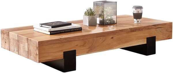 Couchtisch Akazie Vollholz Metall 130x59x25cm Modern Braun Schwarz Rechteckig