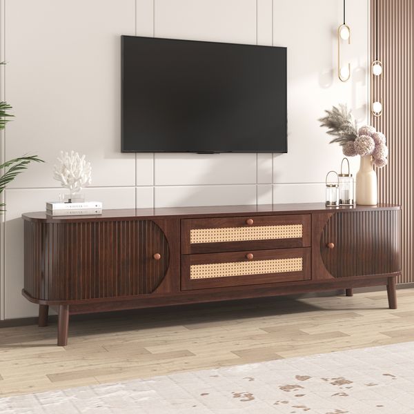 TV-Schrank 170x39,5x46 cm, Rattan-Schubladen & Holzoptik‑Türen, natürliche Holzfarbe
