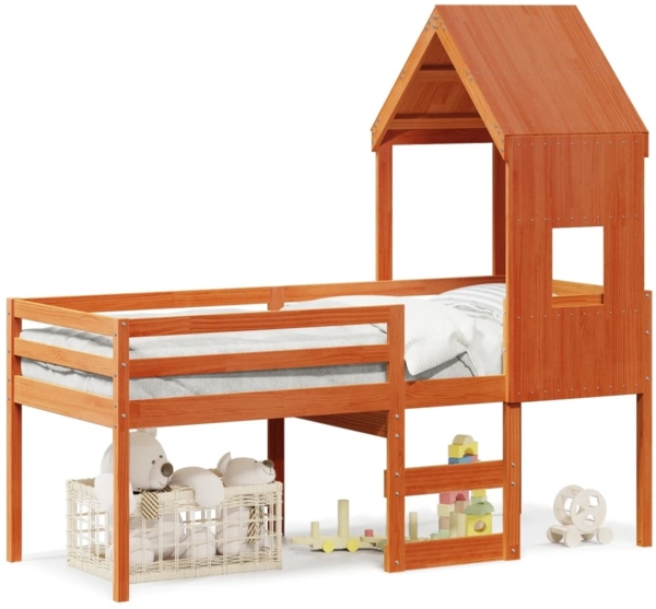 vidaXL Hochbett mit Dach Wachsbraun 90x200 cm Massivholz Kiefer 3282015