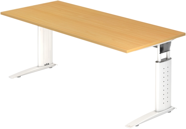 bümö höhenverstellbarer Schreibtisch U-Serie 180x80 Buche, Gestell in weiß - großer PC Tisch für's Büro manuell höhenverstellbar, Computertisch verstellbar, US-19-6-W