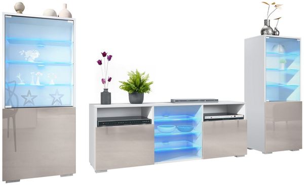 Vladon Wohnwand Granada, (Anbauwand, bestehend aus 2 Vitrinen, 1 TV-Board und LED-Beleuchtung), Weiß matt/Sandgrau Hochglanz (286 x 122,5 x 35 cm)