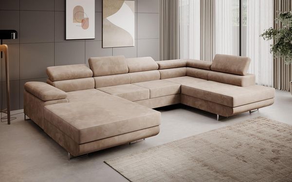 Ecksofa MARGO U- Form, moderne Couch mit Schlaffunktion, verstellbare Kopfstützen, zwei Bettkästen, große Polstercouch – Monolith 09, 72 x 203 x 347 cm