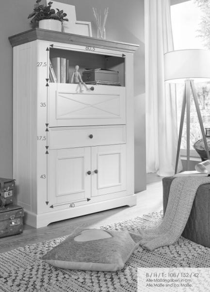 Sekretär 108x152cm "Zürich II" Kiefer massiv grau WZ-0133 Bild 4