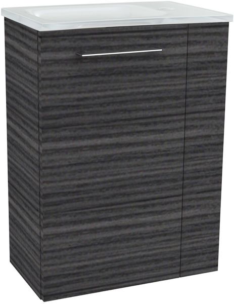 FACKELMANN SBC B.PERFEKT Gäste WC Waschtisch Set 45 cm breit, Anthrazit Holzoptik, Waschbecken Glas Weiß, Türanschlag links