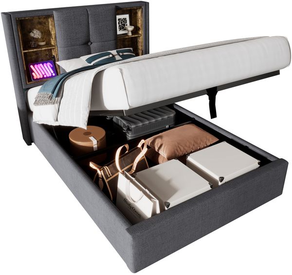 Polsterbett 90x200 cm mit kabelloser Ladestation, USB & Typ-C, großer Bettkasten, graue Baumwollpolsterung,Es gibt eine Matratze.