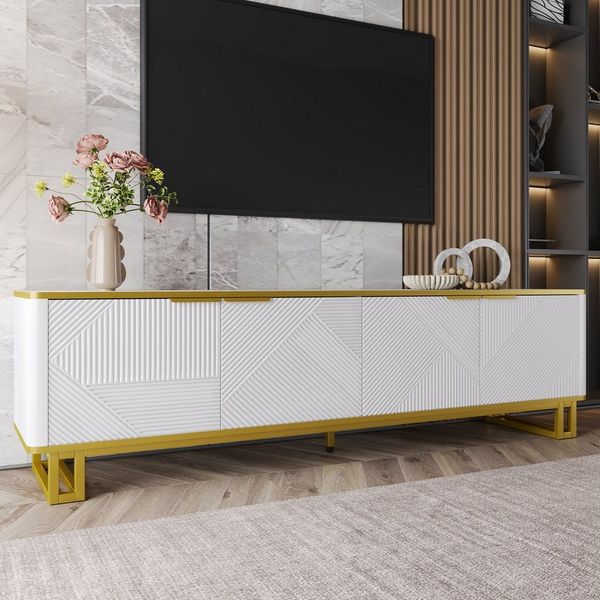 MODFU TV-Schrank Klassische Kommode in der Farbkombination Schwarz-Gold/Weiß (Packung, 1-St, 160 x 37,5 x 48 cm, mit geometrisch geprägten Türen vor 2 Fächern) Stilvolle und übersichtliche Aufbewahrungslösung