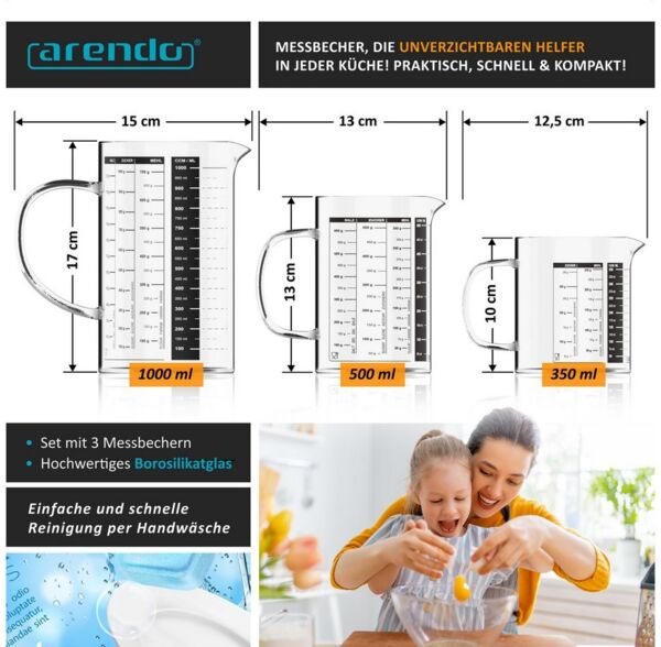 Arendo Messbecher 350ml, 500ml & 1000ml Glas Messkrug Set, Borosilikat, Ausguss & Henkel, Glas, (Set, 3-St, 3x Rührbecher: 0,35 L / 0,5 L / 1 L), Küchenbehälter mikrowellengeeignet für Mehl Zucker Gewürze Süßigkeiten