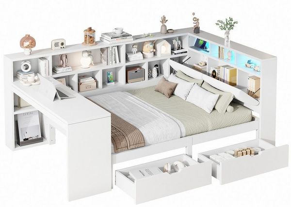 REDOM Stauraumbett Funktionsbett,Einzelbett,Kinderbett,Jugendbett (L-förmiges Holz-Plattformbett mit integriertem Schreibtisch, LED-Beleuchtung und Bücherregal – Weiß für Homeoffice, kleine Schlafzimmer und multifunktionale Räume, 140x200), mit Schreib...