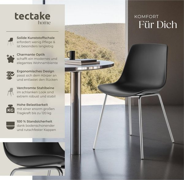 tectake Esszimmerstuhl Kunststoffstuhl, Belastbarkeit 120 kg, 46 x 55 x 80,5 cm (Plastikstuhl Mave in schwarz/chrom, 2 St), ergonomische Form mit hoher Rückenlehne, Stahlbeine, bodenschonend