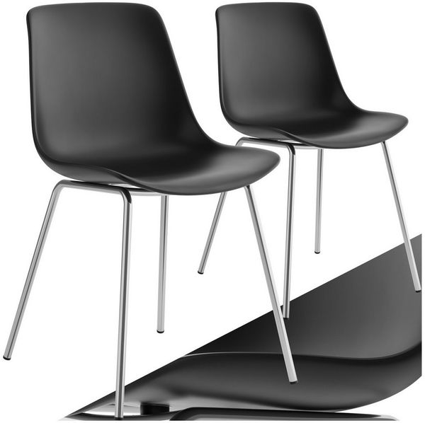 tectake Esszimmerstuhl Kunststoffstuhl, Belastbarkeit 120 kg, 46 x 55 x 80,5 cm (Plastikstuhl Mave in schwarz/chrom, 2 St), ergonomische Form mit hoher Rückenlehne, Stahlbeine, bodenschonend